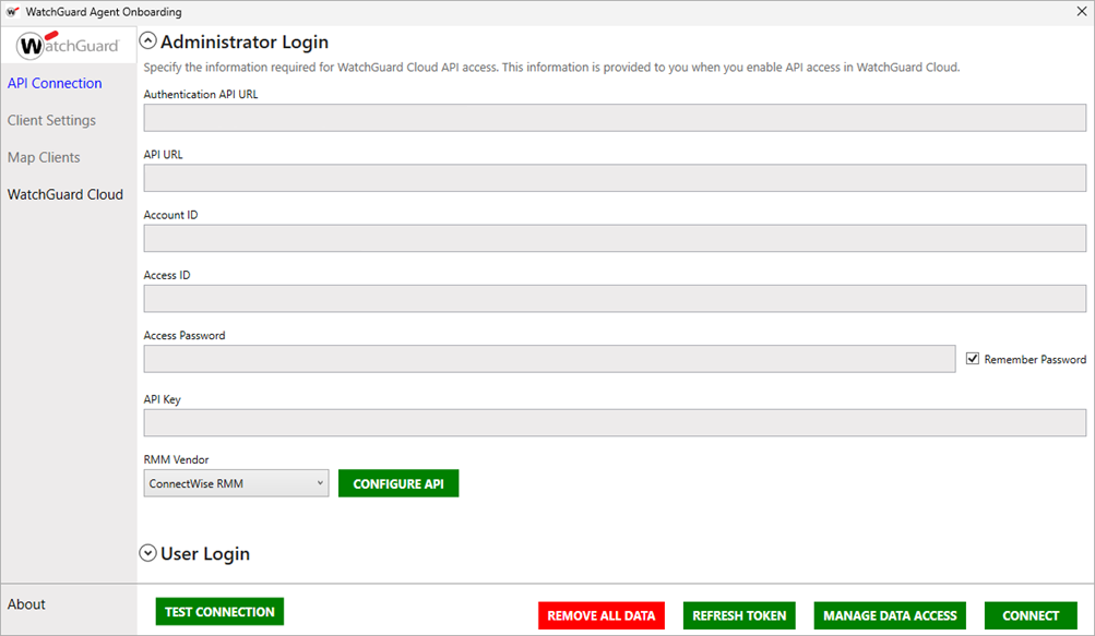Screen shot of the API Connection page, Administrator Login interface.