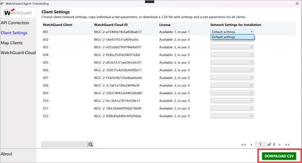 Screen shot of WatchGuard Agent Onboarding application, Client Settings page