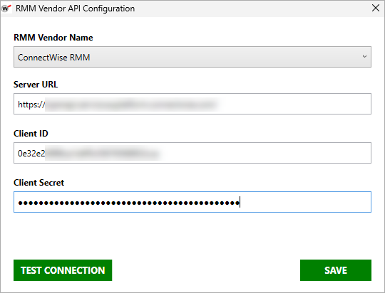 Screen shot of WatchGuard Agent Onboarding application, RMM Vendor API Configuration dialog box