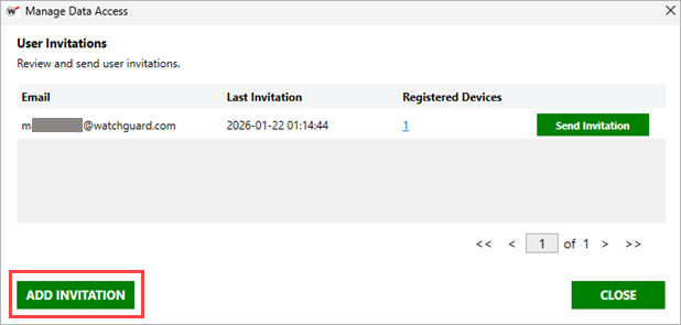 Screenshot of the Manage Data Access window, User Invitations section, Add Invitation button highlighted. 