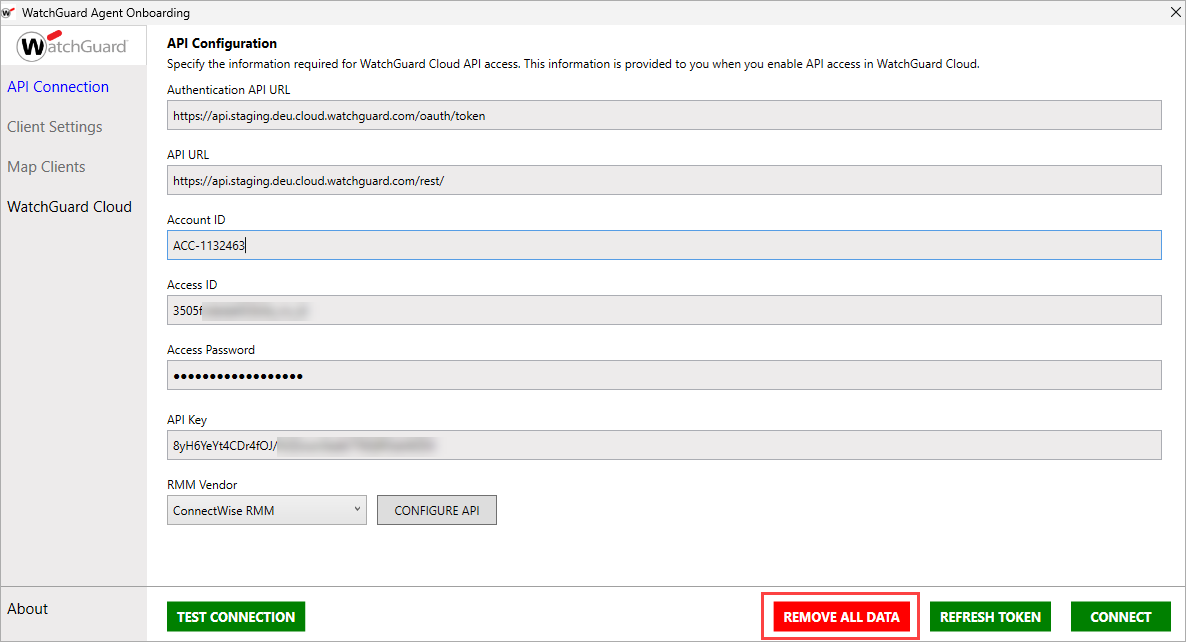 Screen shot of WatchGuard Agent Onboarding application, API Configuration page