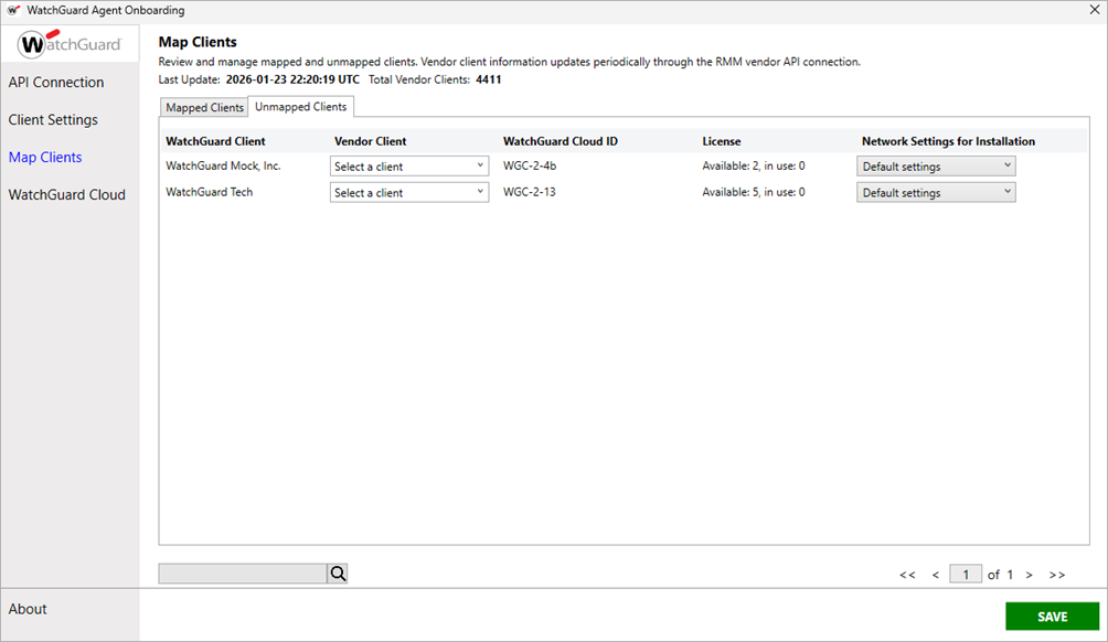 Screen shot of WatchGuard Agent Onboarding application, Map Clients page, Unmapped Clients tab.