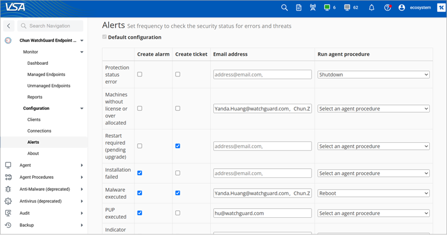 Screen shot of the Alerts page in Kaseya VSA