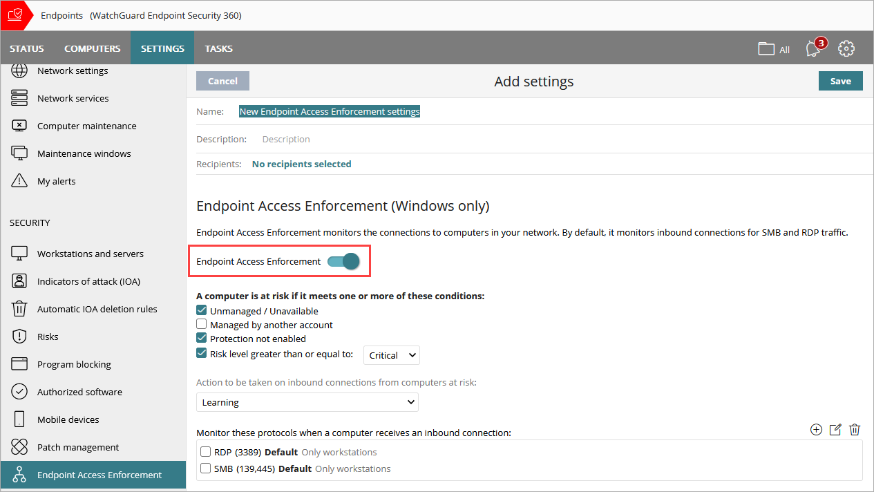 Screen shot of Endpoint Access Enforcement settings profile