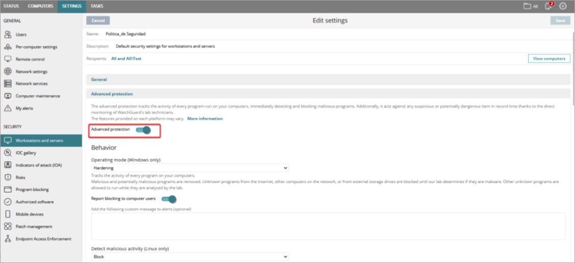 Screen shot of how to enable Advanced Protection