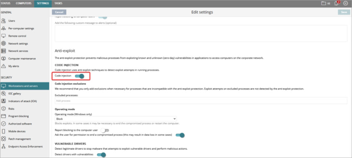 Screen shot of how to disable Code Injection