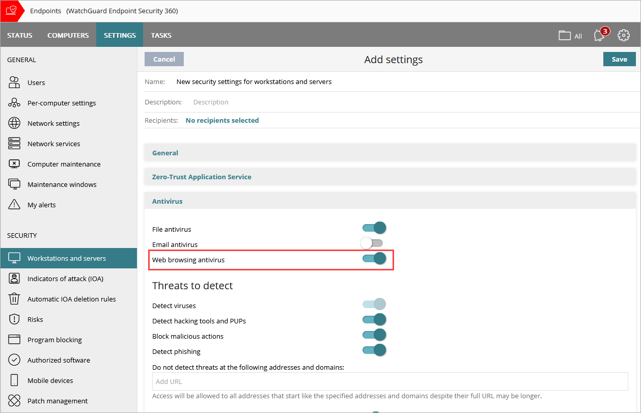 Screen shot of Antivirus security settings