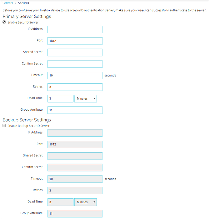 Screen shot of the SecurID server settings