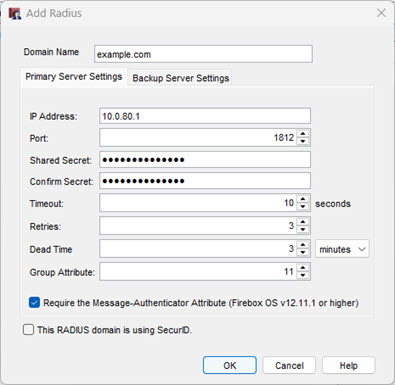 Screen shot of the Add RADIUS dialog box