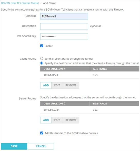 Screen shot of the configuration with client routes specified