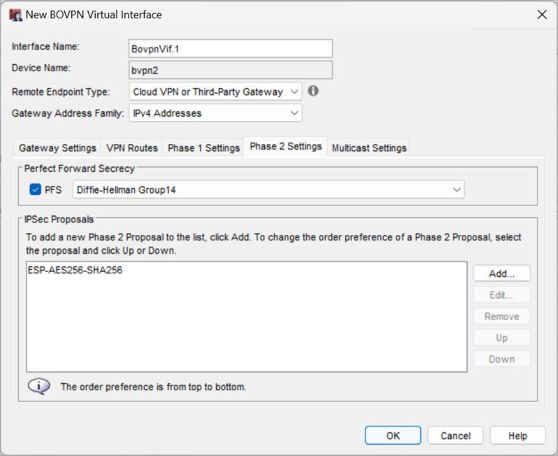 Screen shot of BOVPN virtual interface - default Phase 2 settings