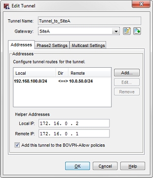 Screen shot of the Edit Tunnel dialog box - Addresses tab for Site B