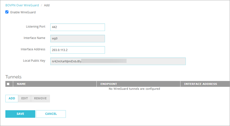Screenshot of the BOVPN Over WireGuard page with WireGuard enabled