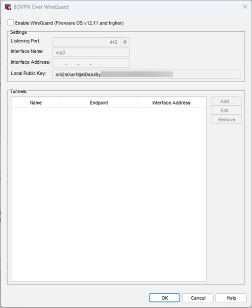 Screenshot of the BOVPN over WireGuard dialog box in Policy Manager