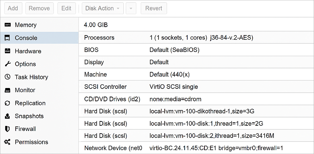 Screenshot of the Proxmox VM settings
