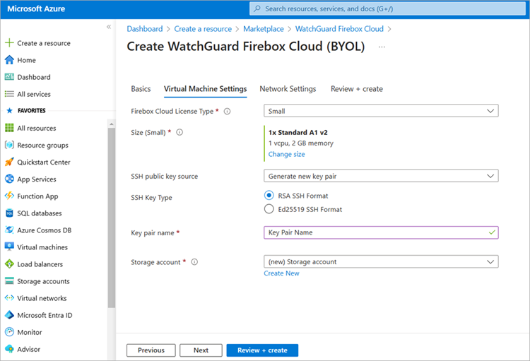 Screen shot of the Virtual Machines Settings page in Azure