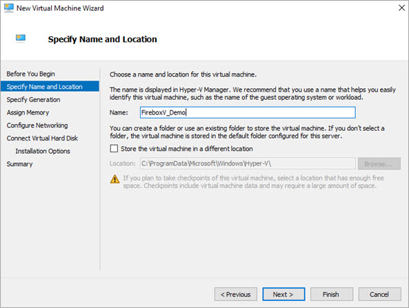 Screen shot of the New Virtual Machine Wizard, Specify Name and Location