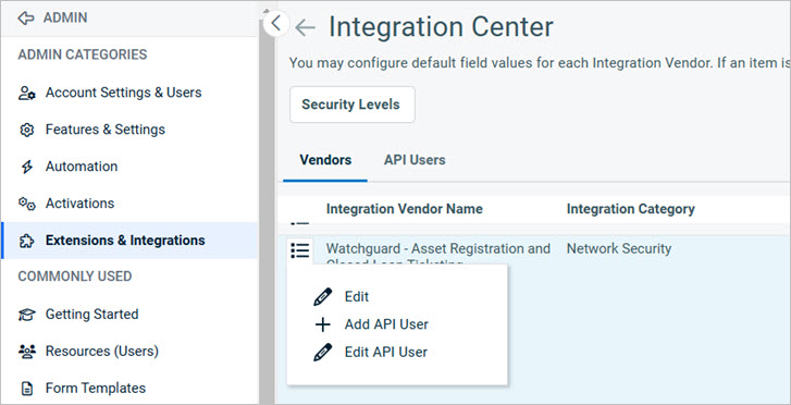 Screen shot of the Integration Center page in Autotask