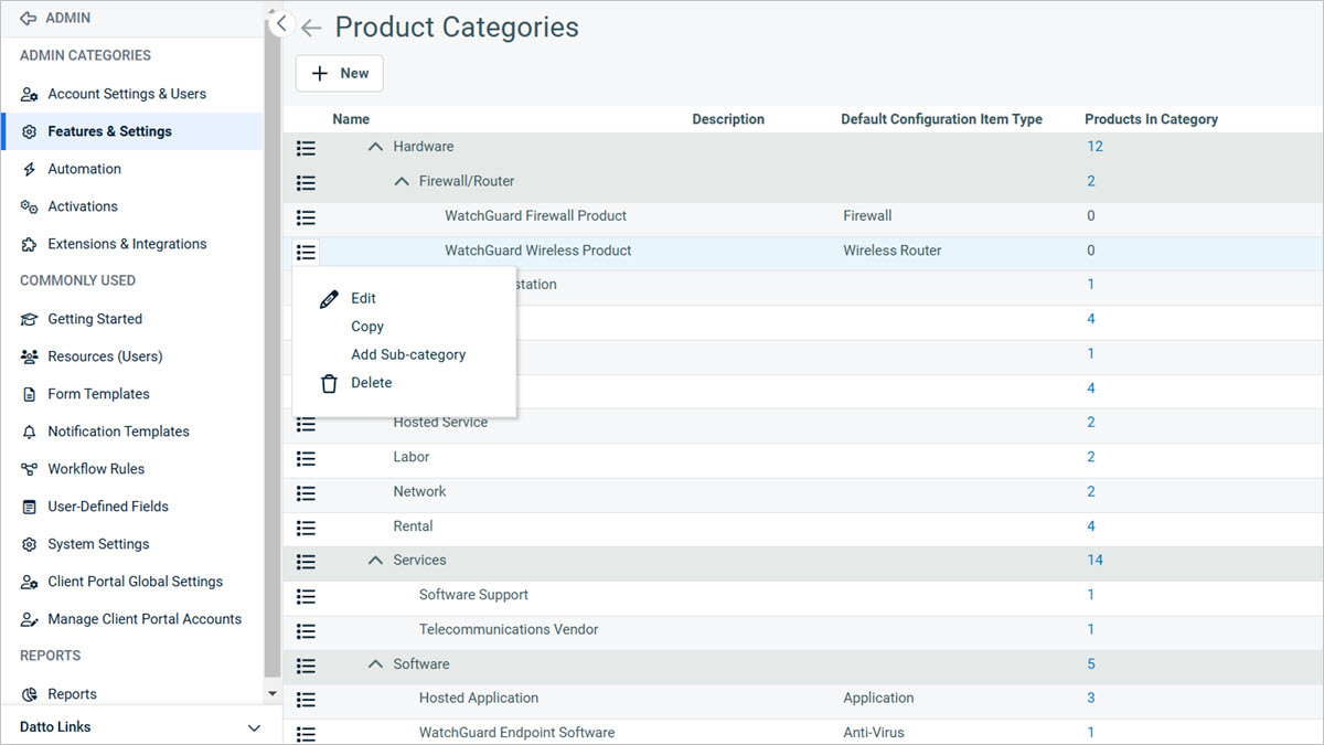 Screen shot of the Product Categories page in Autotask