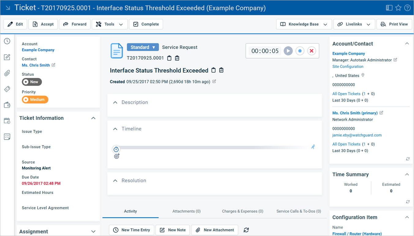 Screen shot of the Autotask ticket detail page