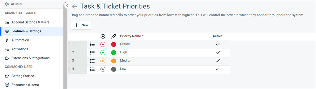 Screen shot of the Autotask Ticket Priorities page