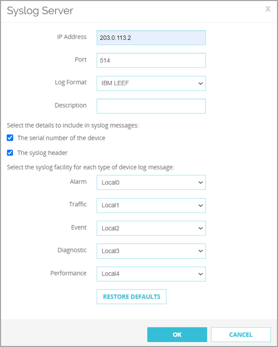 Screen shot of the Syslog Server settings for the IBM LEEF log format