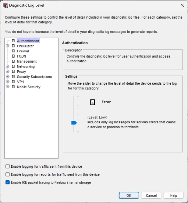 Screen shot of the Diagnostic Log Level dialog box
