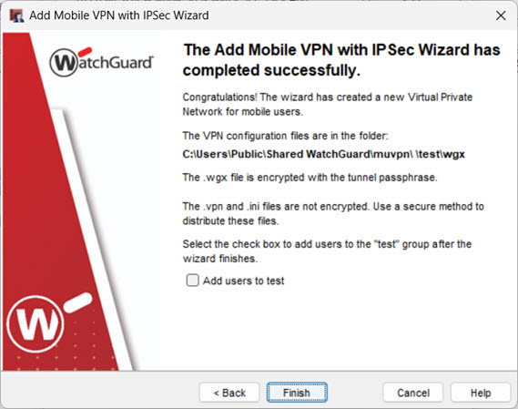 Screen shot of the Add Mobile VPN with IPSec Wizard, Completed Successfully dialog box