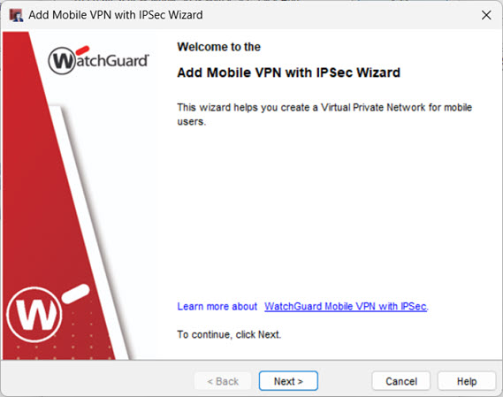 Screen shot of the Add Mobile VPN with IPSec Wizard first screen