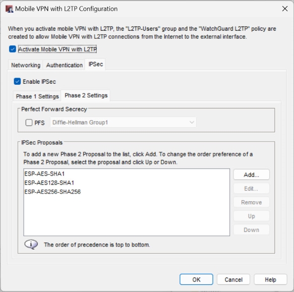 Screen shot of the Mobile VPN with L2TP Configuration dialog box, IPSec Phase2 settings