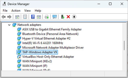 Screenshot of the Tap adapter location