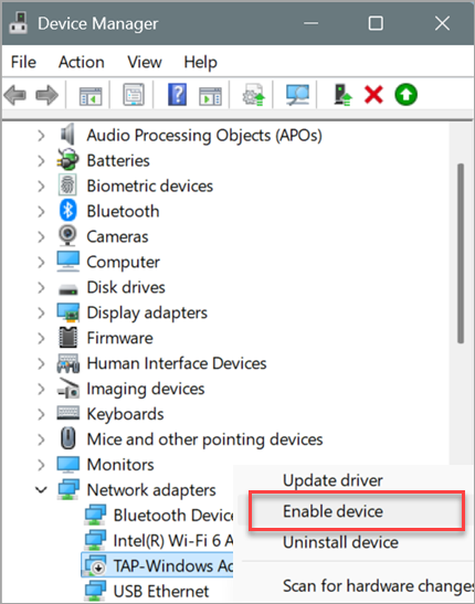 Screenshot that shows how to enable the TAP adapter