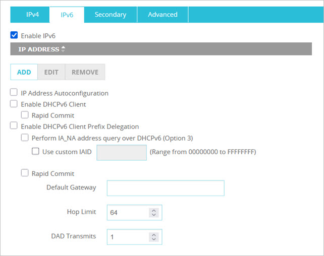 Screen shot of the Interface Configuration - External dialog box, IPv6 tab