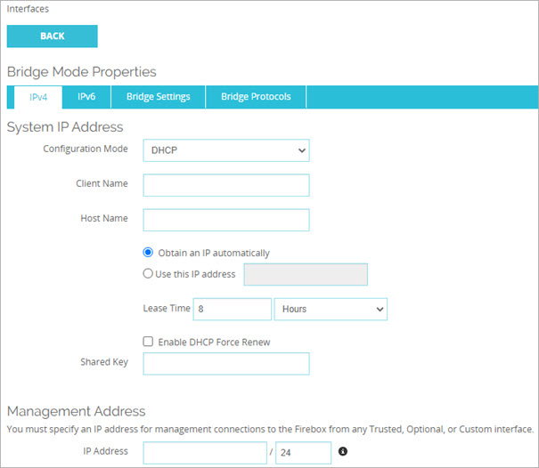 Screen shot of DHCP settings in Bridge mode