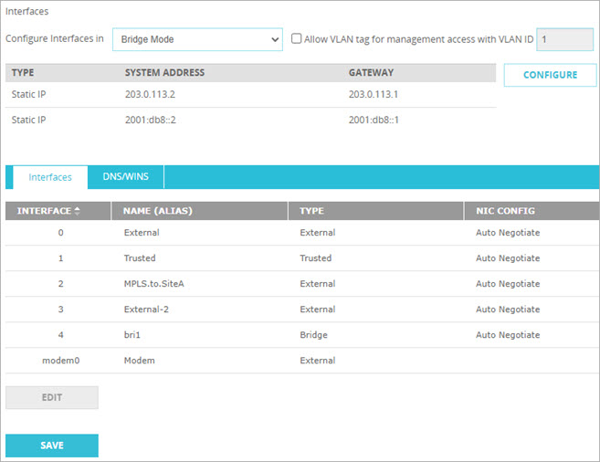 Screen shot of the completed Bridge Mode settings