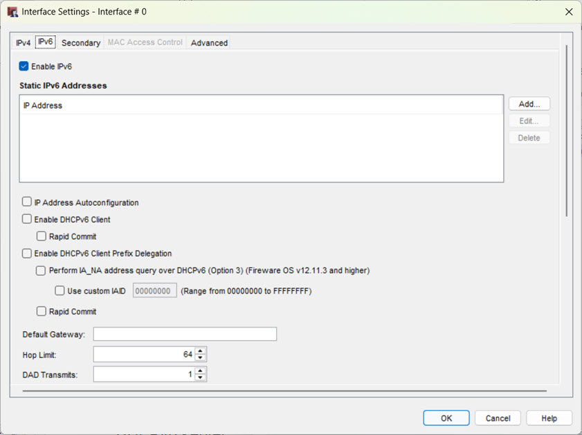 Screen shot of the Interface Settings dialog box for an external interface, IPv6 settings