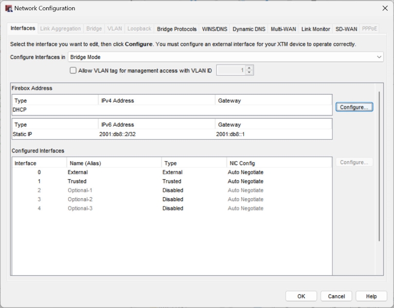 Screen shot of a complete DHCP bridge mode configuration