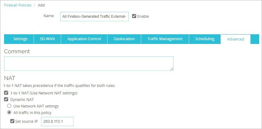 Screenshot of Advanced tab with All Traffice in this Policy selected and the example value for Set Source IP