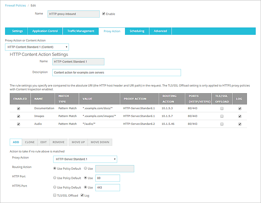 Screen shot of an HTTP Proxy policy, Proxy Action tab with a content action selected