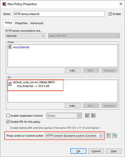 Screen shot of an HTTP-proxy policy with a content action selected
