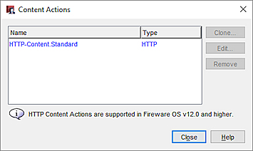 Screen shot of the Content Actions dialog box in Policy Manager