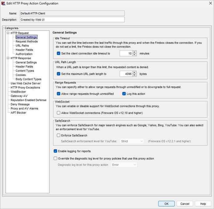 Screen shot of the HTTP Proxy Action Configuration dialog box, HTTP Request General Settings page