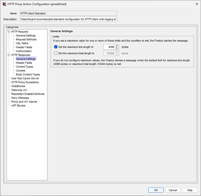 Screen shot of the HTTP Proxy Action Configuration dialog box, HTTP Response General Settings page