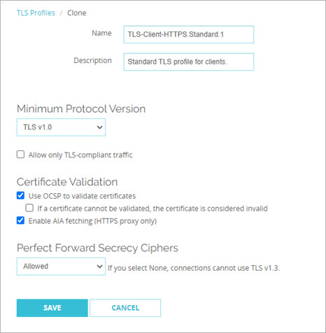 Screenshot of the TLS Profile dialog box in Fireware Web UI