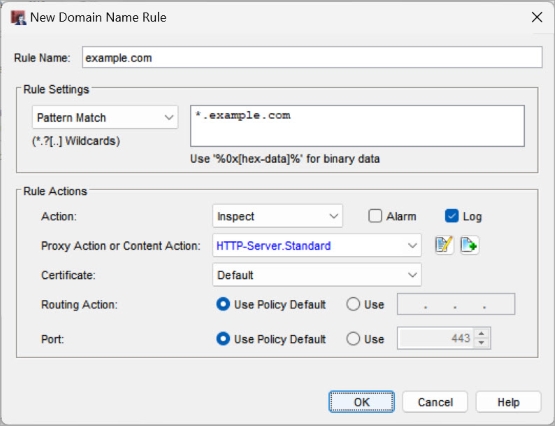 Screen shot of an inbound HTTPS Server Proxy Action with certificate selection in WSM