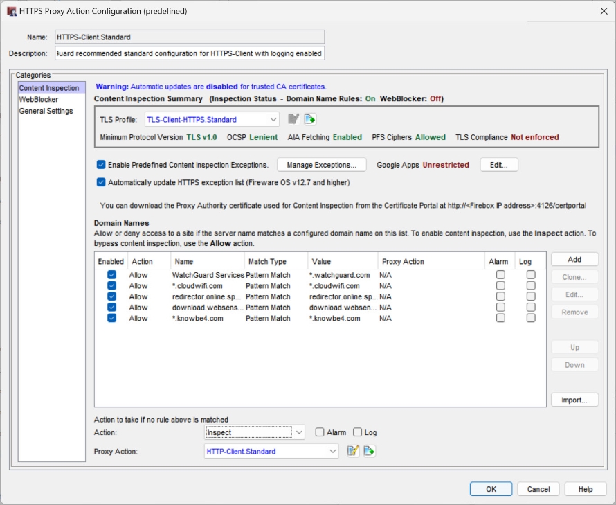 Screen shot of the Content Inspection settings for an HTTP client proxy action in Policy Manager