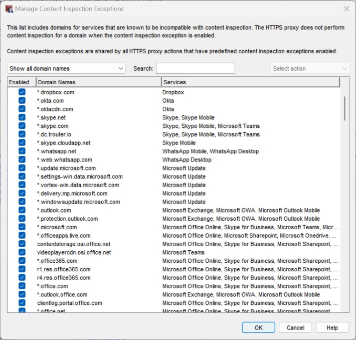 Screenshot of the Content Inspection Exceptions