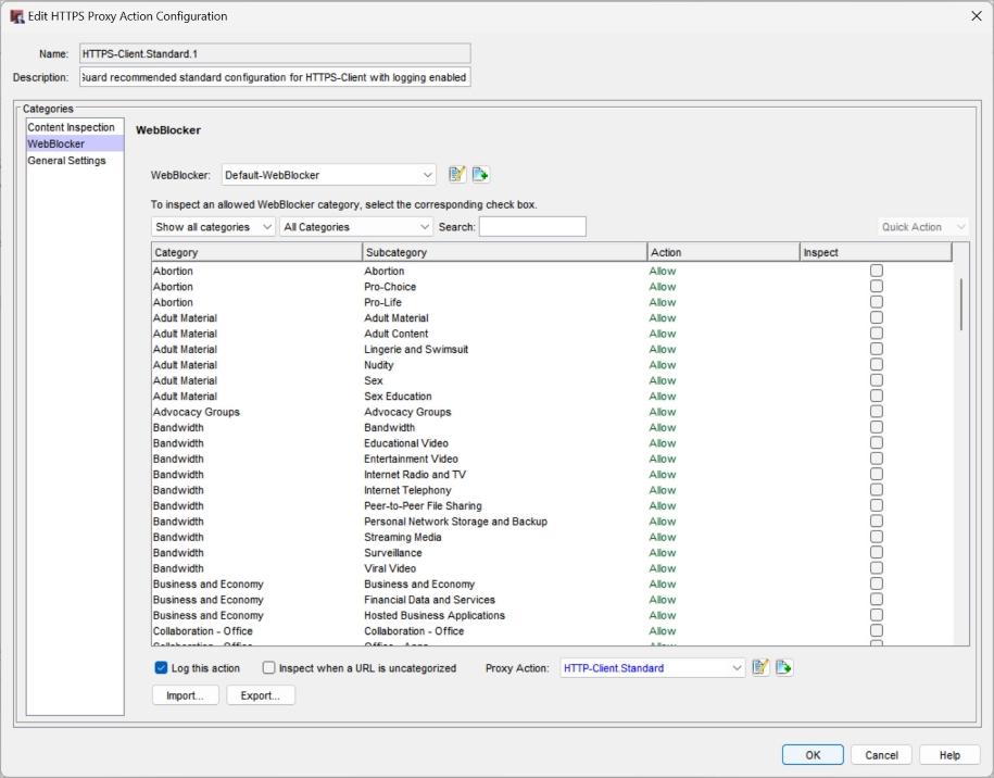 Screenshot of the Edit the HTTPS Proxy Action Configuration window in Policy Manager