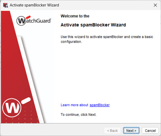 Screen shot of the Activate spamBlocker Wizard Welcome screen