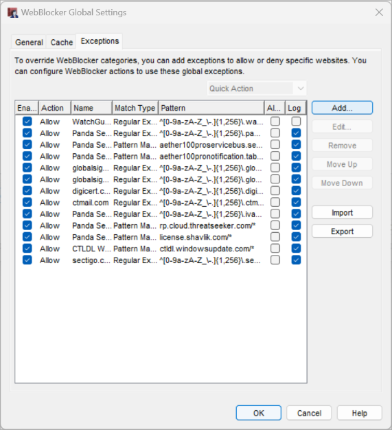 Screen shot of WebBlocker Global Settings page Exceptions tab